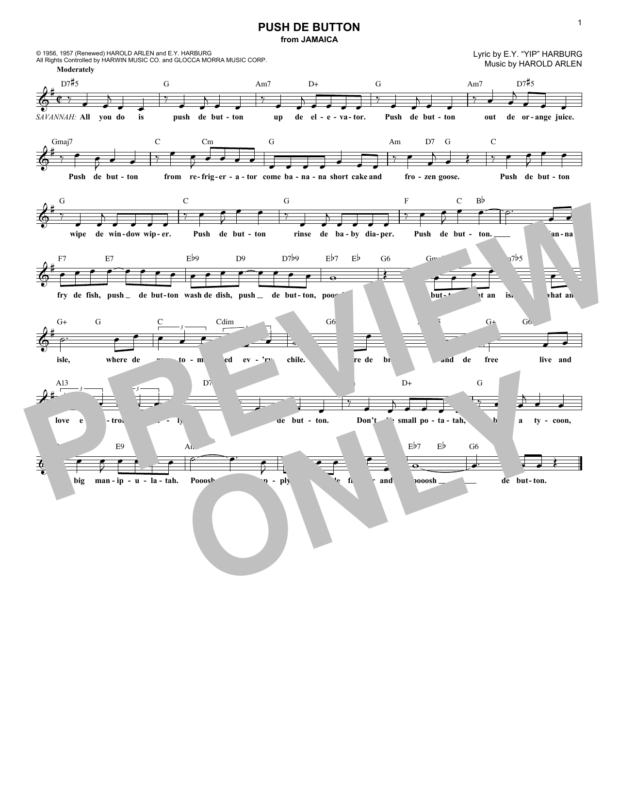 Harold Arlen Push De Button (from Jamaica) sheet music notes and chords arranged for Lead Sheet / Fake Book