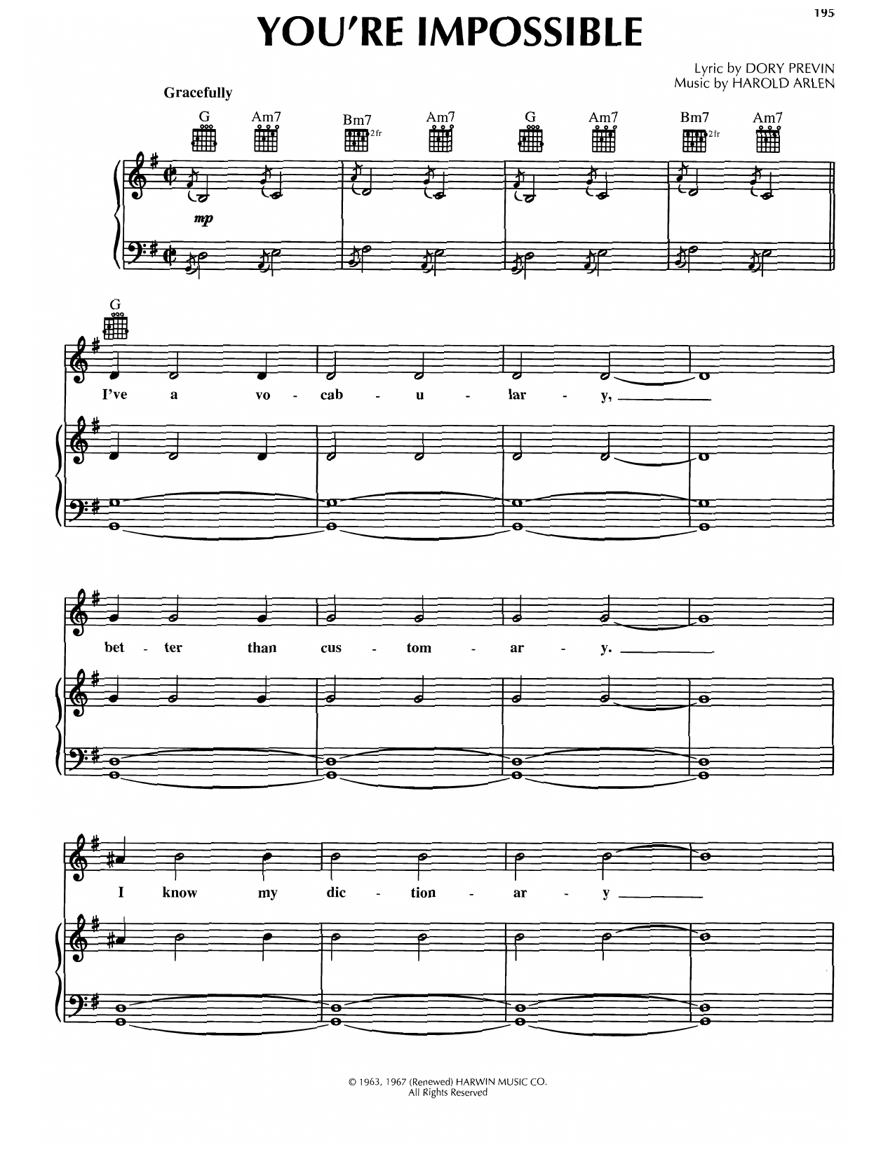 Harold Arlen You're Impossible sheet music notes and chords. Download Printable PDF.