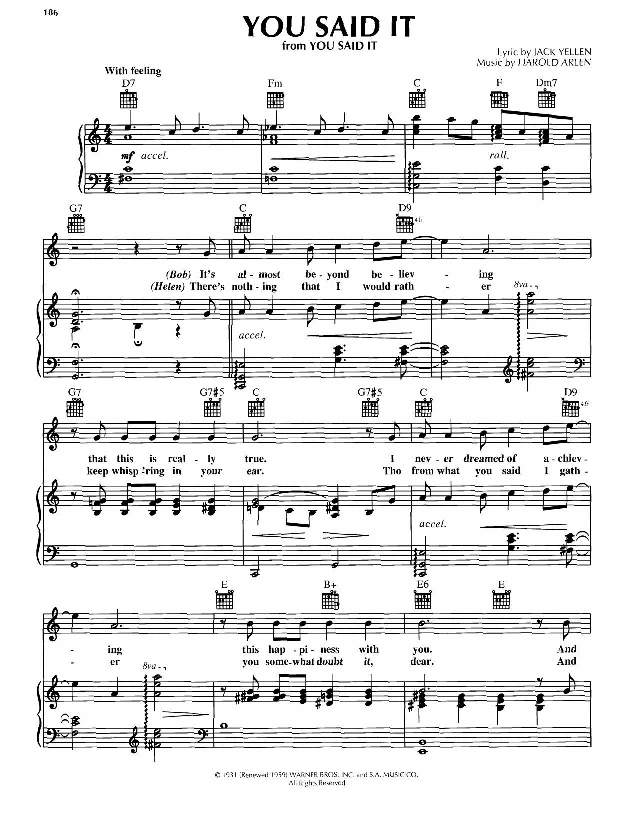 Harold Arlen You Said It sheet music notes and chords. Download Printable PDF.