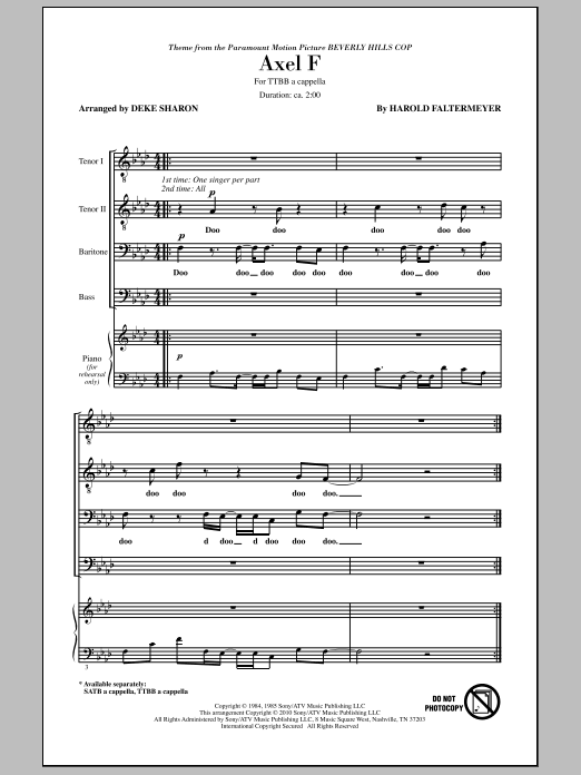 Learn to play Deke Sharon Axel F sheet music for TTBB Choir in minutes. Price: 3.9900$ Deke Sharon Axel F sheet music notes and chords arranged for TTBB Choir