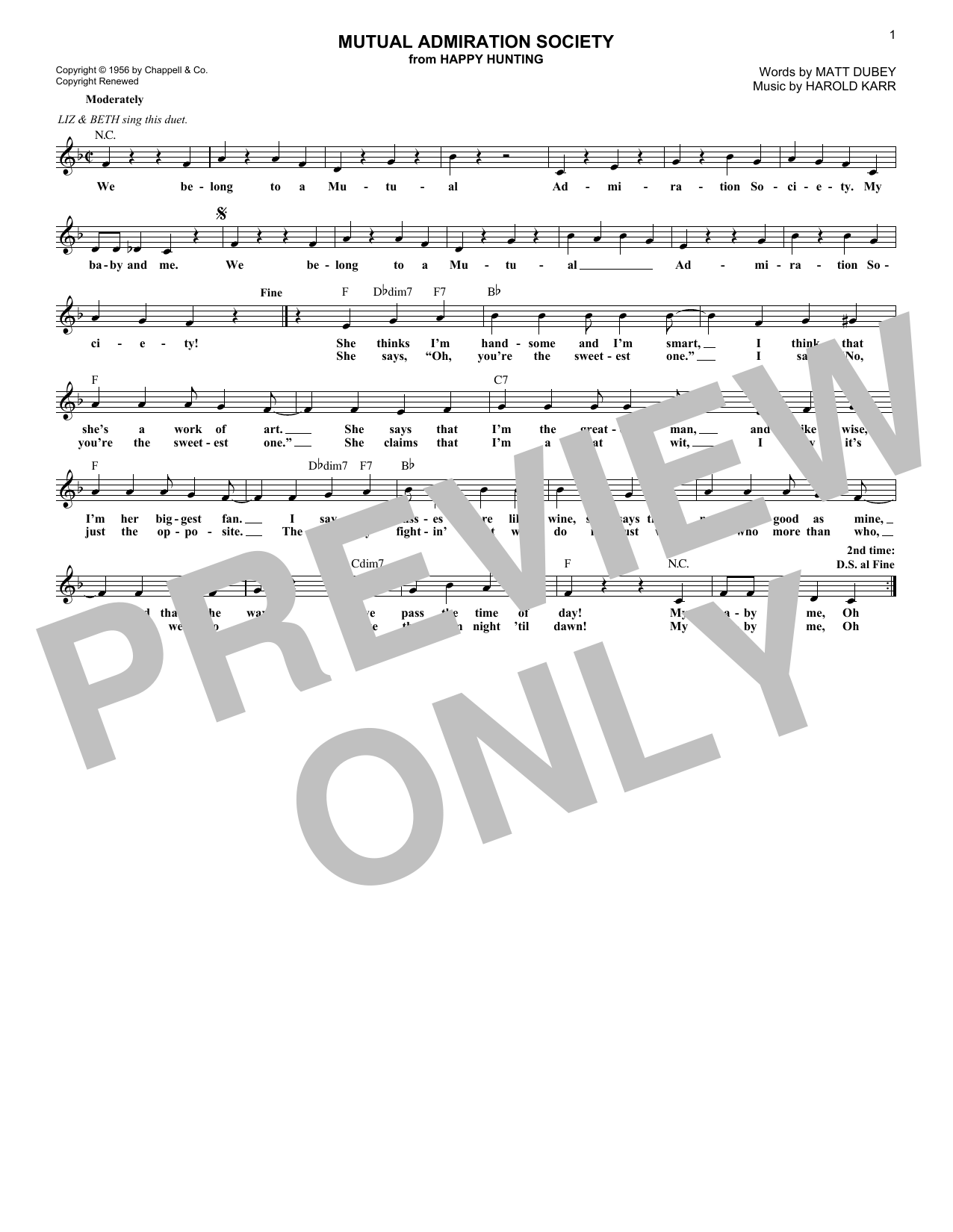 Learn to play Harold Karr Mutual Admiration Society (from Happy Hunting) sheet music for Lead Sheet / Fake Book in minutes. Price: 5.9900$ Harold Karr Mutual Admiration Society (from Happy Hunting) sheet music notes and chords arranged for Lead Sheet / Fake Book