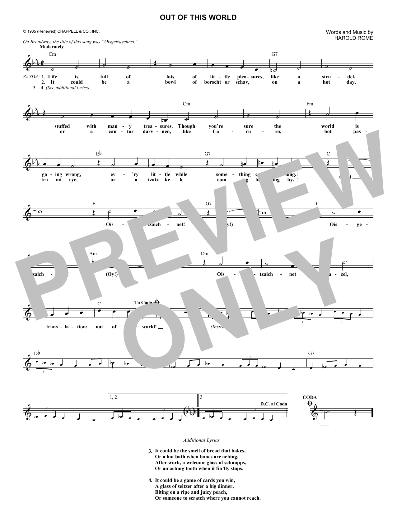 Learn to play Harold Rome Out Of This World sheet music for Lead Sheet / Fake Book in minutes. Price: 5.9900$ Harold Rome Out Of This World sheet music notes and chords arranged for Lead Sheet / Fake Book