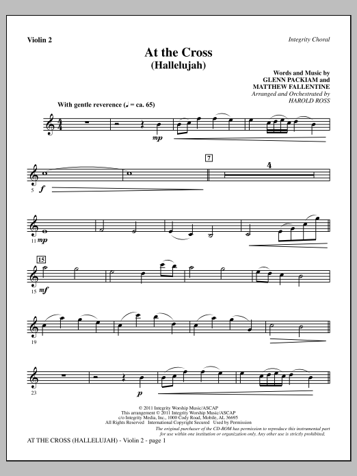 Learn to play Harold Ross At The Cross (Hallelujah) - Violin 2 sheet music for Choir Instrumental Pak in minutes. Price: 8.9900$ Harold Ross At The Cross (Hallelujah) - Violin 2 sheet music notes and chords arranged for Choir Instrumental Pak