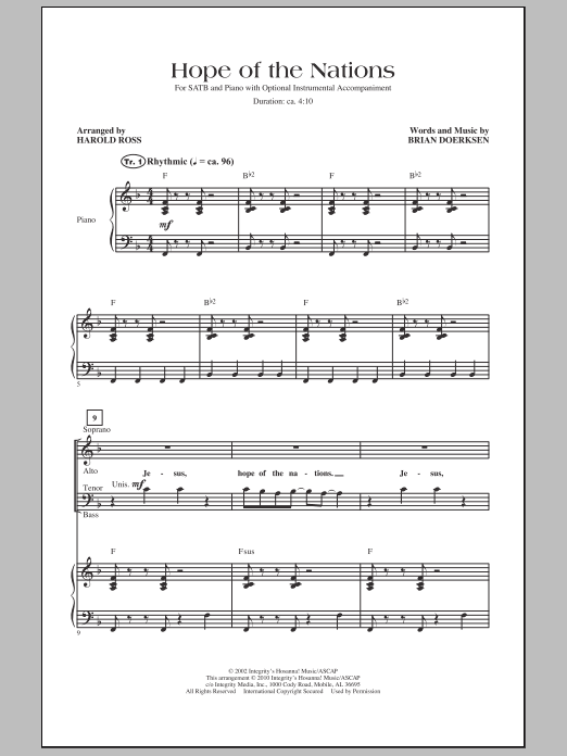 Learn to play Harold Ross Hope Of The Nations sheet music for SATB Choir in minutes. Price: 3.9900$ Harold Ross Hope Of The Nations sheet music notes and chords arranged for SATB Choir