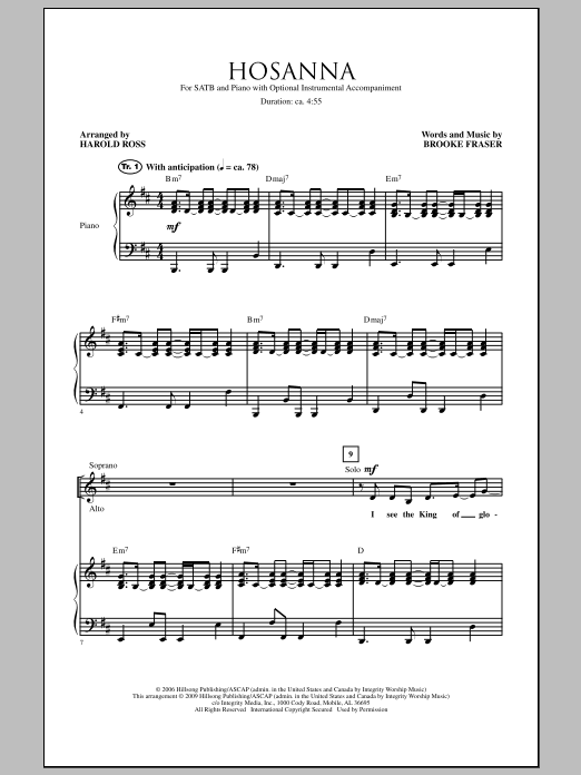 Harold Ross Hosanna sheet music notes and chords. Download Printable PDF.