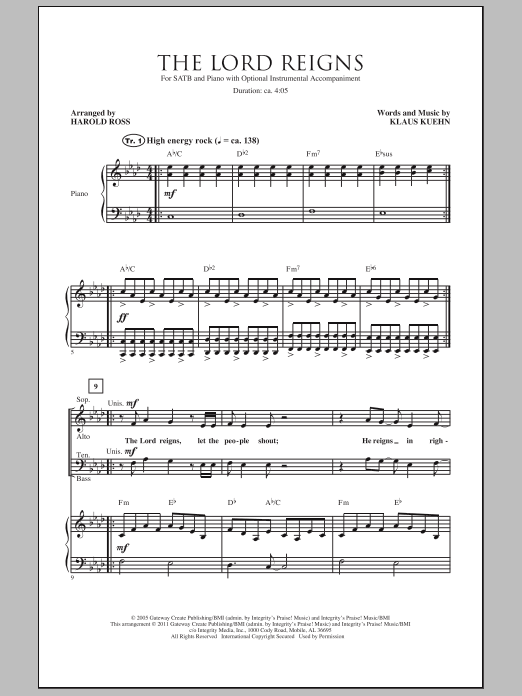 Learn to play Harold Ross The Lord Reigns sheet music for SATB Choir in minutes. Price: 3.9900$ Harold Ross The Lord Reigns sheet music notes and chords arranged for SATB Choir