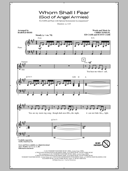 Learn to play Harold Ross Whom Shall I Fear (God Of Angel Armies) sheet music for SATB Choir in minutes. Price: 3.9900$ Harold Ross Whom Shall I Fear (God Of Angel Armies) sheet music notes and chords arranged for SATB Choir