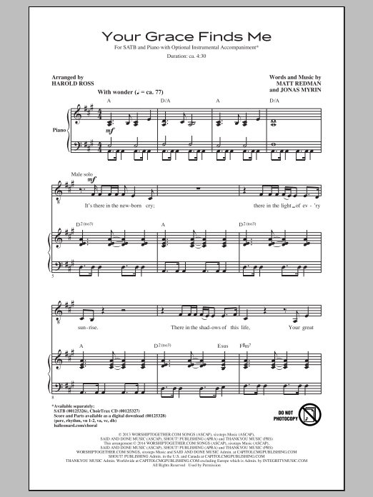 Learn to play Harold Ross Your Grace Finds Me sheet music for SATB Choir in minutes. Price: 3.9900$ Harold Ross Your Grace Finds Me sheet music notes and chords arranged for SATB Choir