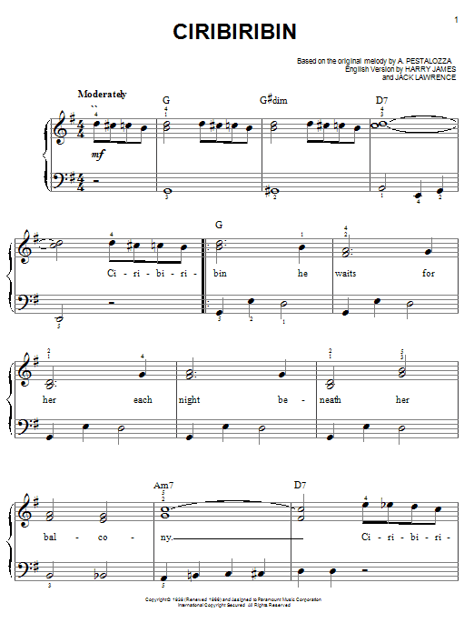 Harry James Ciribiribin sheet music notes and chords arranged for Easy Piano