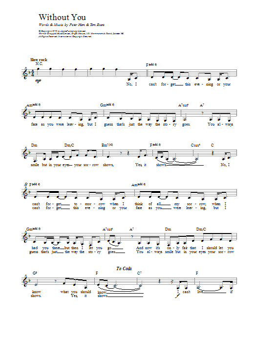 Harry Nilsson Without You sheet music notes and chords - Download Printable PDF and start playing in minutes.