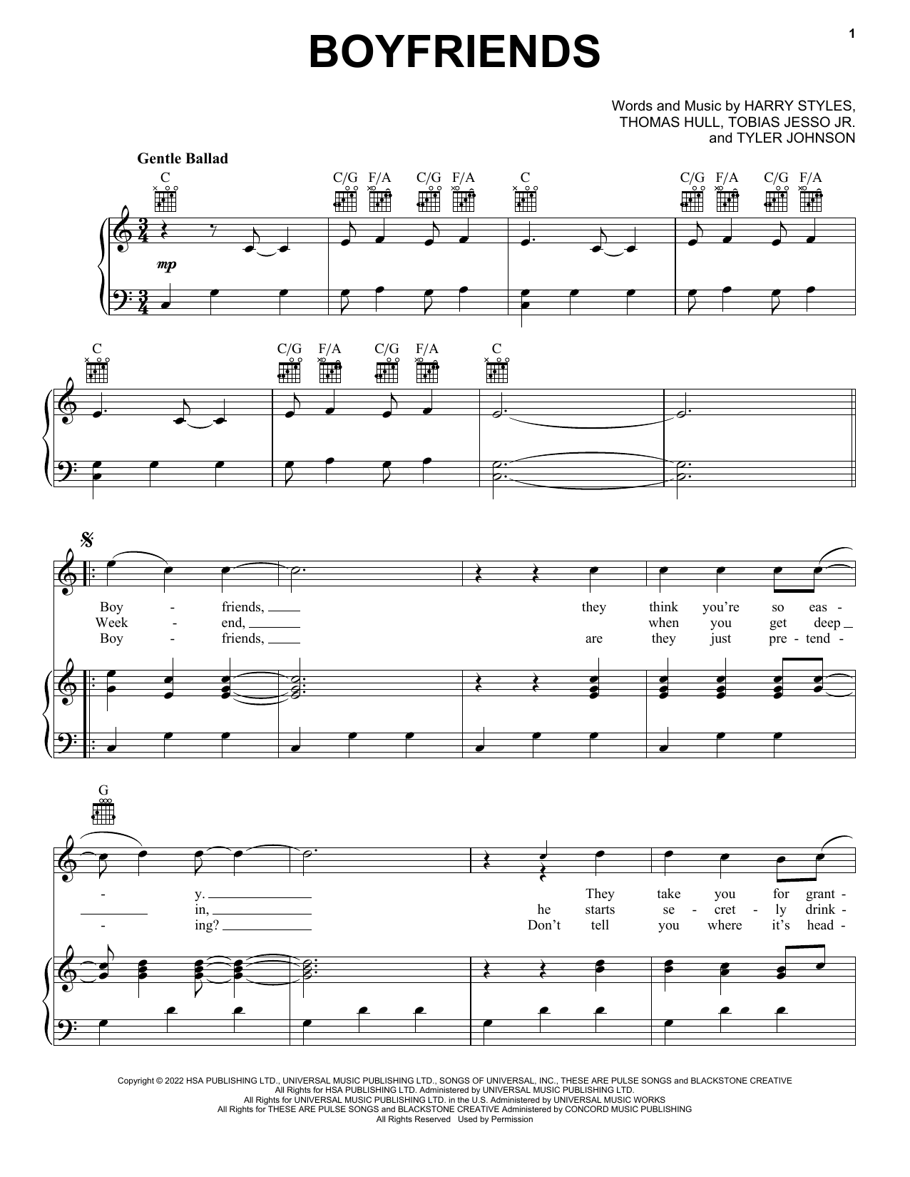 Harry Styles Boyfriends sheet music notes and chords. Download Printable PDF.