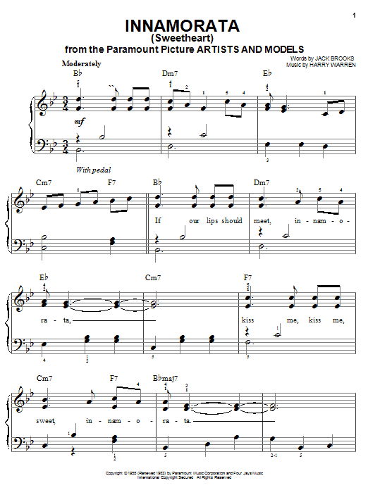 Learn to play Harry Warren Innamorata (Sweetheart) sheet music for Easy Piano in minutes. Price: 6.9900$ Harry Warren Innamorata (Sweetheart) sheet music notes and chords arranged for Easy Piano