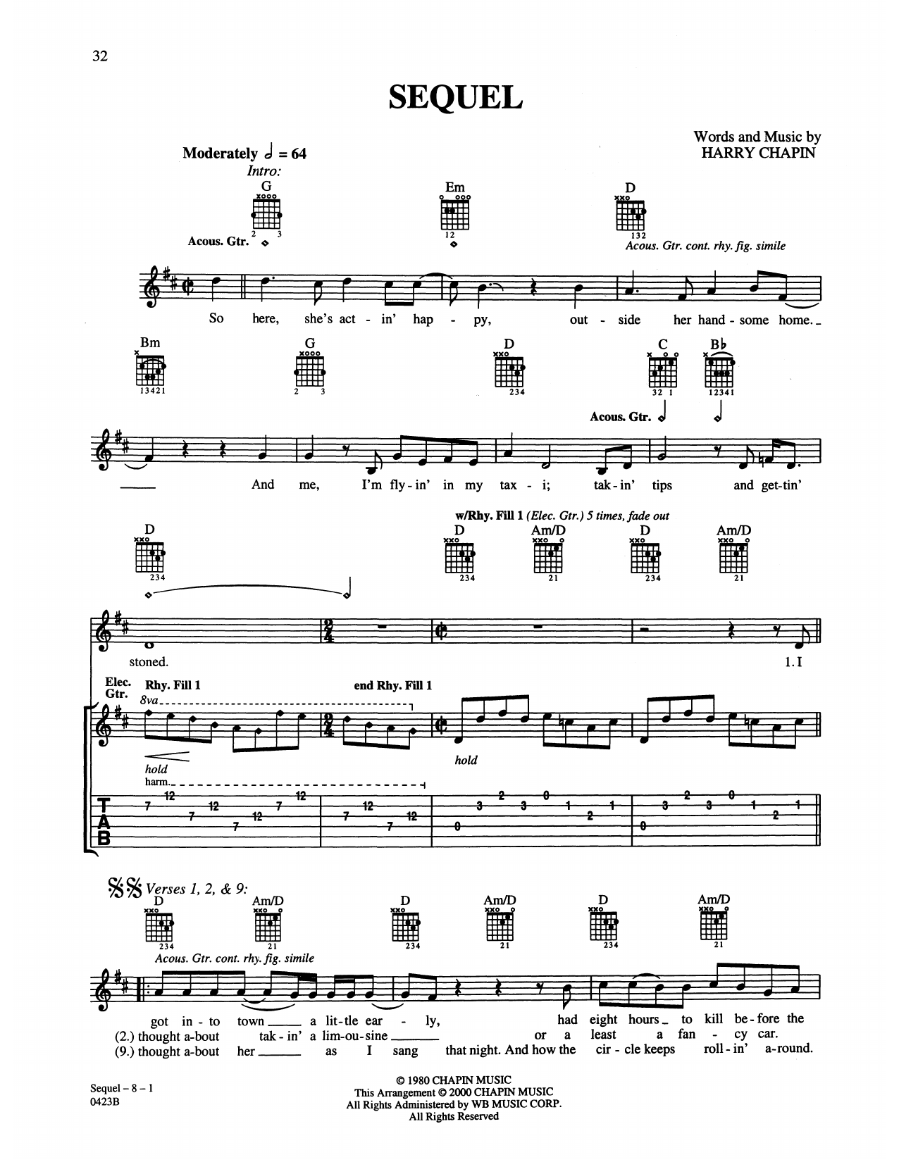 Harry Chapin Sequel sheet music notes and chords arranged for Guitar Tab