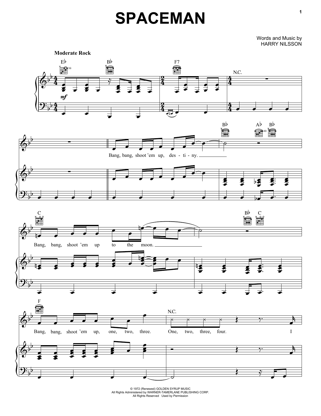 Harry Nilsson Spaceman sheet music notes and chords. Download Printable PDF.