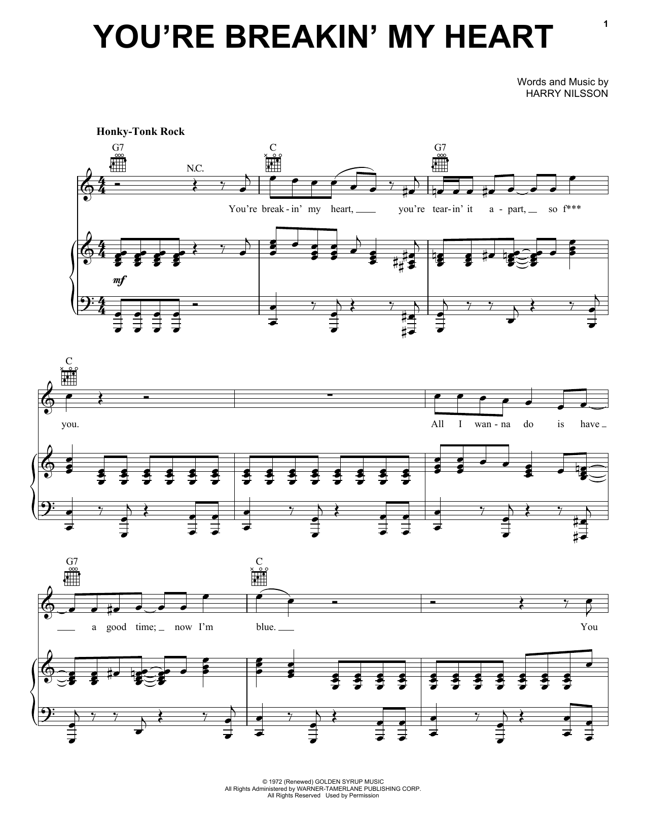 Harry Nilsson You Re Breakin My Heart Sheet Music Pdf Notes Chords Rock Score Piano Vocal Guitar Right Hand Melody Download Printable Sku 160249