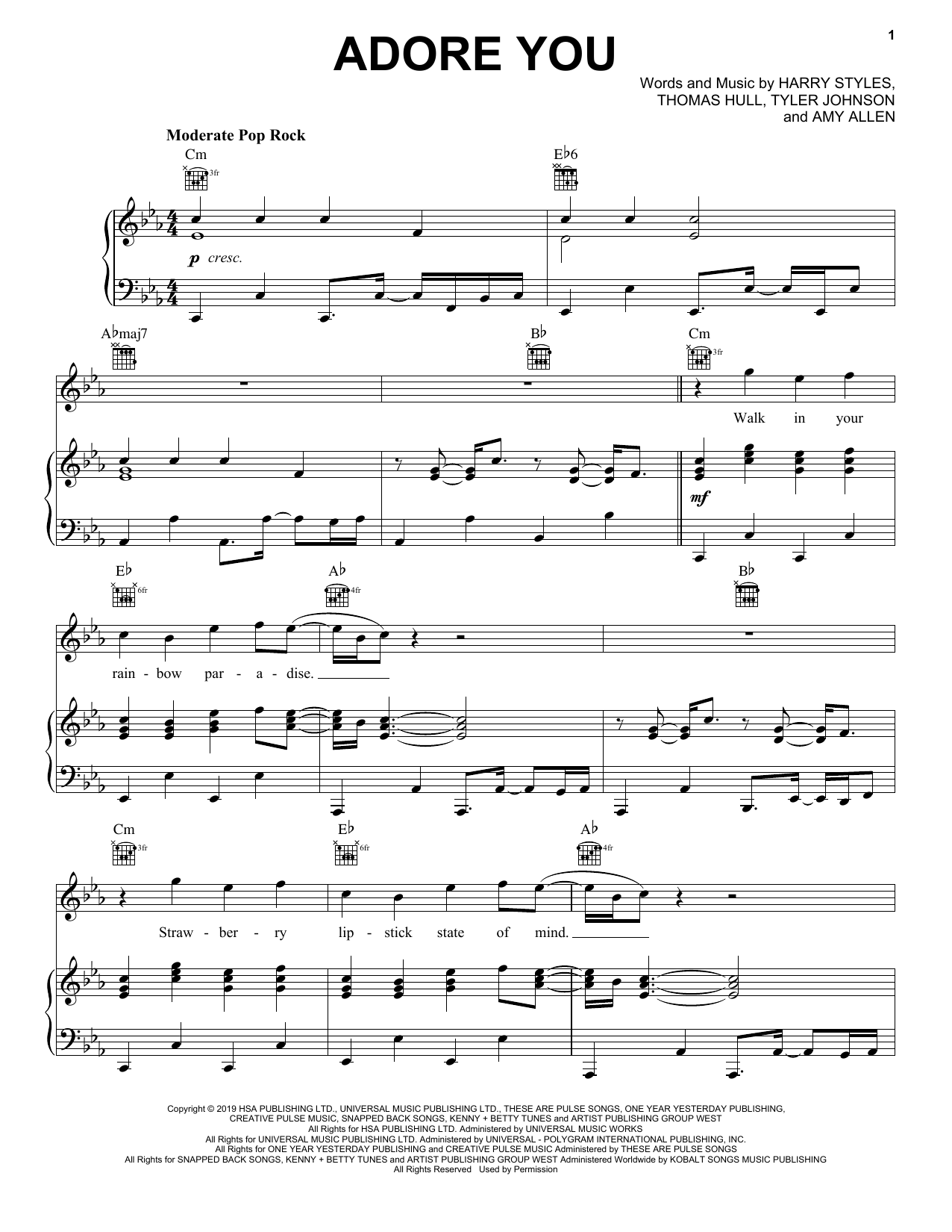 Noticias Precaución político Harry Styles "Adore You" Sheet Music PDF Notes, Chords | Pop Score Piano,  Vocal & Guitar (Right-Hand Melody) Download Printable. SKU: 435370