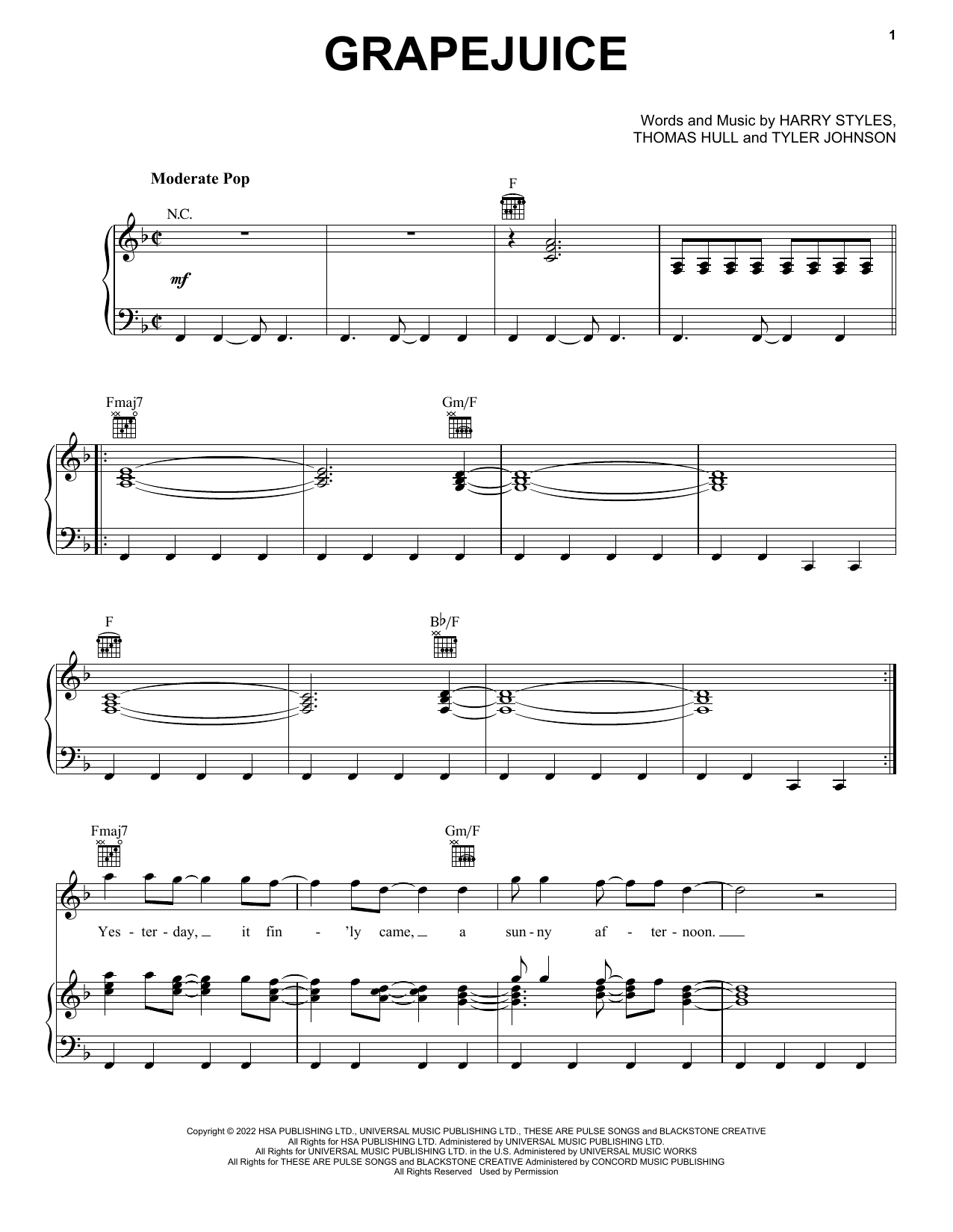 Harry Styles Grapejuice sheet music notes and chords. Download Printable PDF.