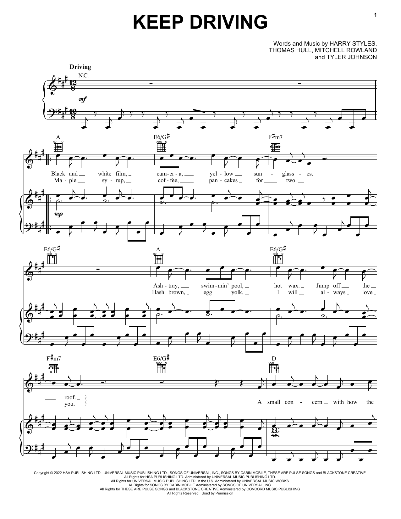 Harry Styles Keep Driving sheet music notes and chords. Download Printable PDF.