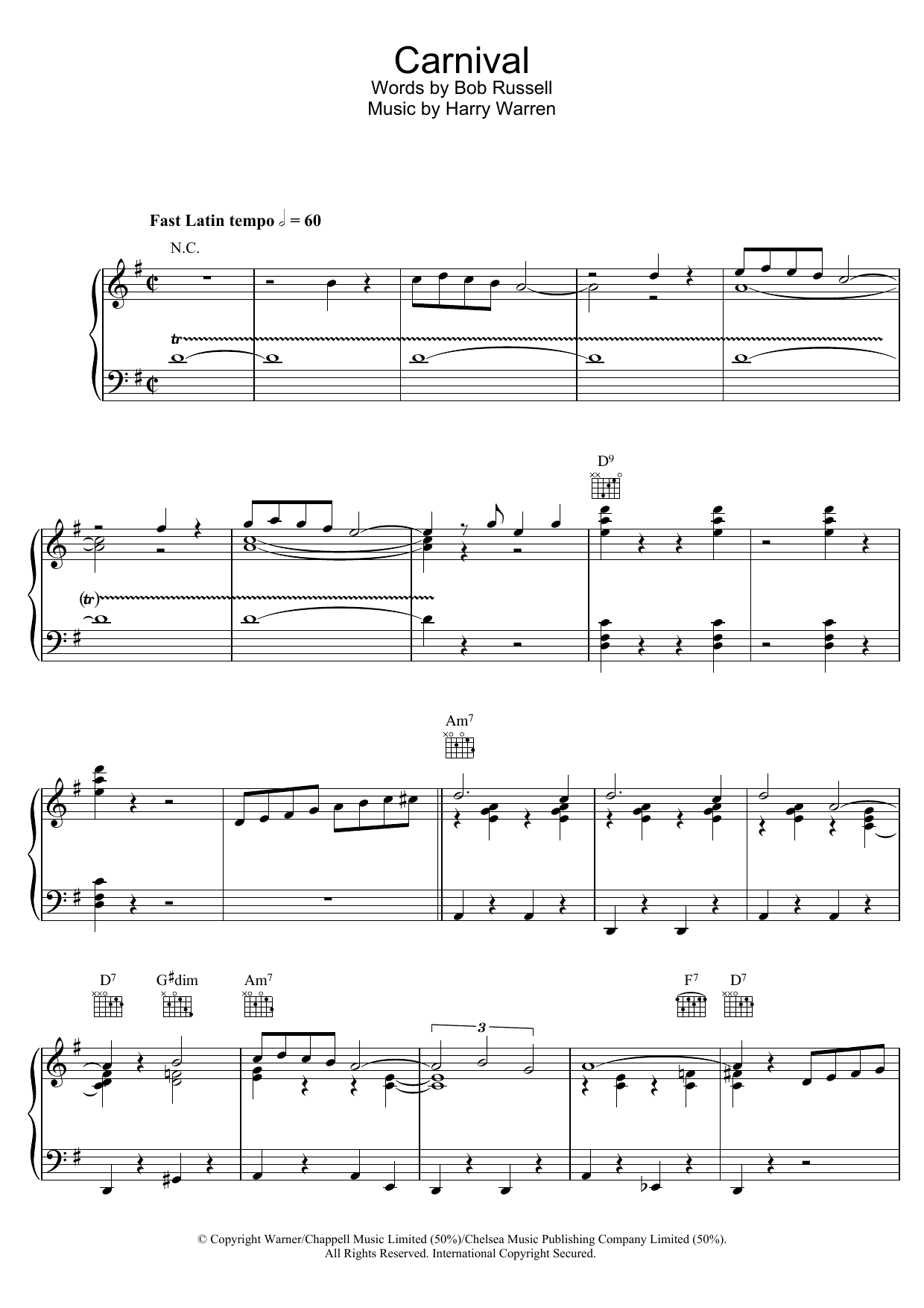 Learn to play Harry Warren Carnival sheet music for Piano, Vocal & Guitar (Right-Hand Melody) in minutes. Harry Warren Carnival sheet music notes and chords. Download Printable PDF.