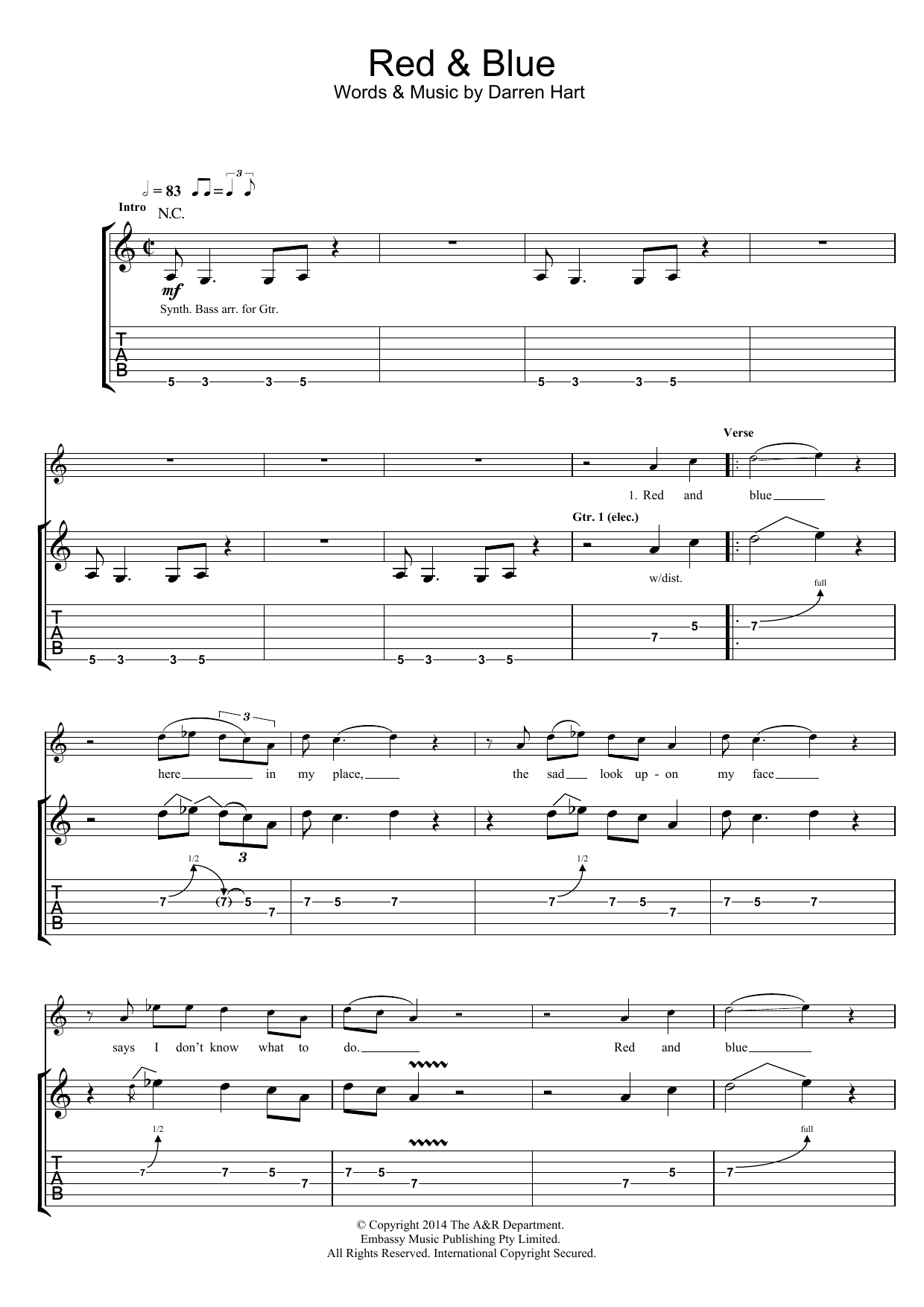 Harts Red And Blue sheet music notes and chords. Download Printable PDF.