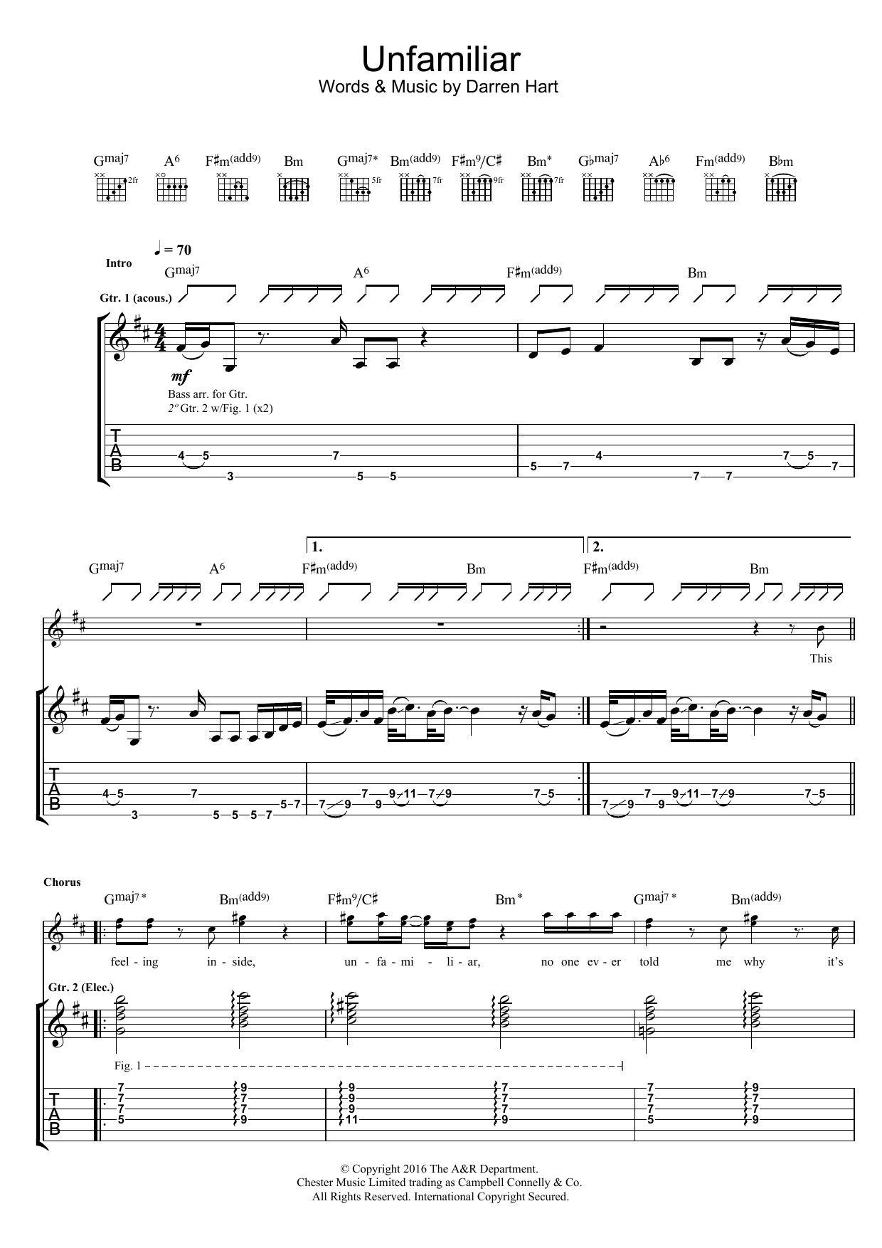 Harts Unfamilar sheet music notes and chords. Download Printable PDF.