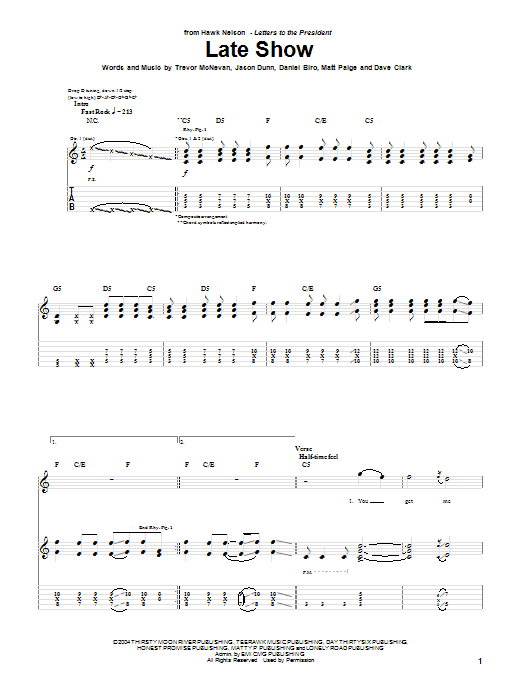 Hawk Nelson Late Show sheet music notes and chords. Download Printable PDF.