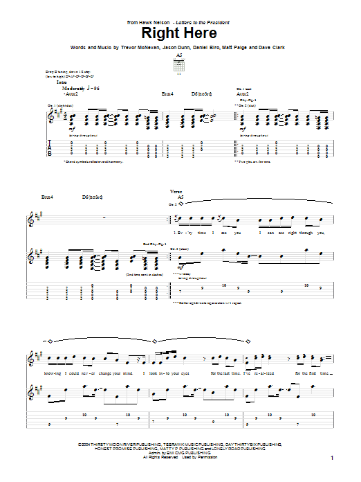 Hawk Nelson Right Here sheet music notes and chords. Download Printable PDF.