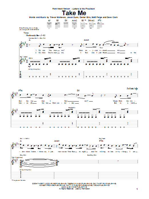 Hawk Nelson Take Me sheet music notes and chords. Download Printable PDF.