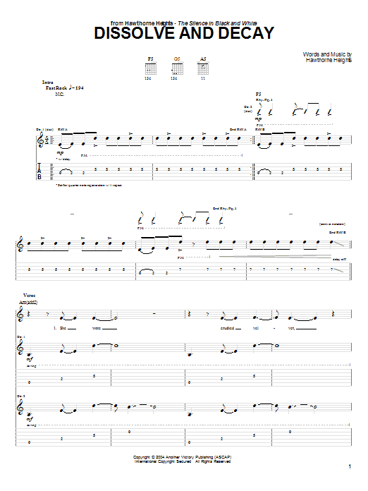 Learn to play Hawthorne Heights Dissolve And Decay sheet music for Guitar Tab in minutes. Price: 7.8900$ Hawthorne Heights Dissolve And Decay sheet music notes and chords arranged for Guitar Tab