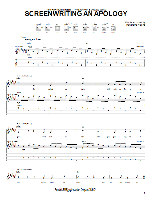 Learn to play Hawthorne Heights Screenwriting An Apology sheet music for Guitar Tab in minutes. Price: 7.8900$ Hawthorne Heights Screenwriting An Apology sheet music notes and chords arranged for Guitar Tab