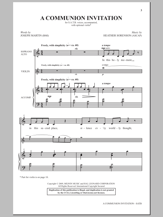 Learn to play Heather Sorenson A Communion Invitation sheet music for SATB Choir in minutes. Price: 3.9900$ Heather Sorenson A Communion Invitation sheet music notes and chords arranged for SATB Choir