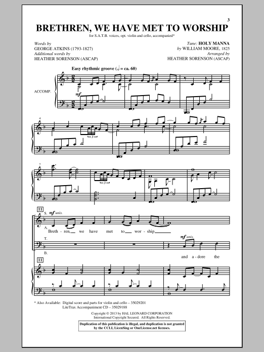 Learn to play Heather Sorenson Brethren, We Have Met To Worship sheet music for SATB Choir in minutes. Price: 3.9900$ Heather Sorenson Brethren, We Have Met To Worship sheet music notes and chords arranged for SATB Choir