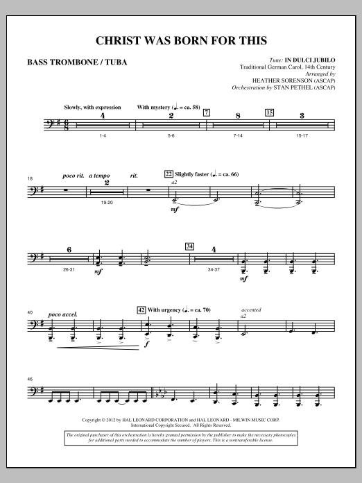Learn to play Heather Sorenson Christ Was Born For This - Bass Trombone/Tuba sheet music for Choir Instrumental Pak in minutes. Price: 8.9900$ Heather Sorenson Christ Was Born For This - Bass Trombone/Tuba sheet music notes and chords arranged for Choir Instrumental Pak