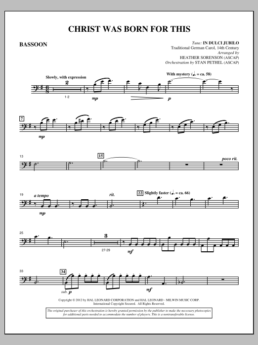 Learn to play Heather Sorenson Christ Was Born For This - Bassoon sheet music for Choir Instrumental Pak in minutes. Price: 8.9900$ Heather Sorenson Christ Was Born For This - Bassoon sheet music notes and chords arranged for Choir Instrumental Pak