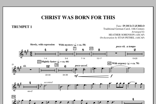 Learn to play Heather Sorenson Christ Was Born For This - Bb Trumpet 1 sheet music for Choir Instrumental Pak in minutes. Price: 8.9900$ Heather Sorenson Christ Was Born For This - Bb Trumpet 1 sheet music notes and chords arranged for Choir Instrumental Pak