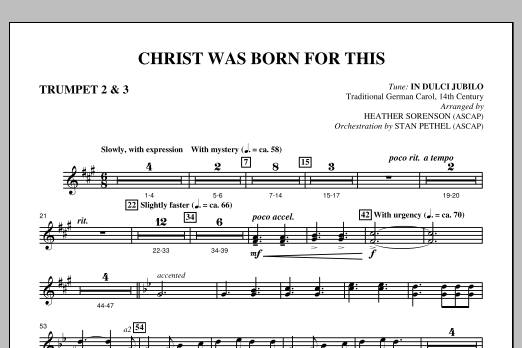 Learn to play Heather Sorenson Christ Was Born For This - Bb Trumpet 2,3 sheet music for Choir Instrumental Pak in minutes. Price: 8.9900$ Heather Sorenson Christ Was Born For This - Bb Trumpet 2,3 sheet music notes and chords arranged for Choir Instrumental Pak