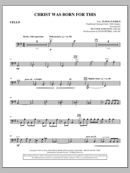 Learn to play Heather Sorenson Christ Was Born For This - Cello sheet music for Choir Instrumental Pak in minutes. Price: 8.9900$ Heather Sorenson Christ Was Born For This - Cello sheet music notes and chords arranged for Choir Instrumental Pak