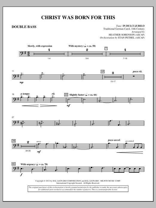 Learn to play Heather Sorenson Christ Was Born For This - Double Bass sheet music for Choir Instrumental Pak in minutes. Price: 8.9900$ Heather Sorenson Christ Was Born For This - Double Bass sheet music notes and chords arranged for Choir Instrumental Pak