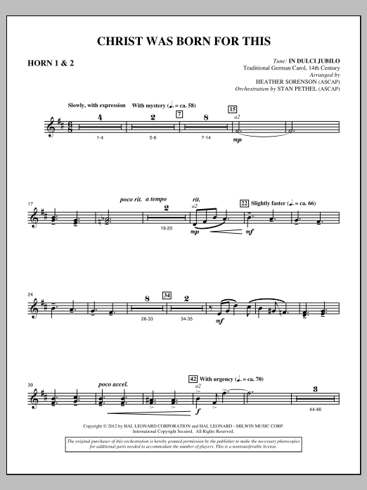 Learn to play Heather Sorenson Christ Was Born For This - F Horn 1,2 sheet music for Choir Instrumental Pak in minutes. Price: 8.9900$ Heather Sorenson Christ Was Born For This - F Horn 1,2 sheet music notes and chords arranged for Choir Instrumental Pak