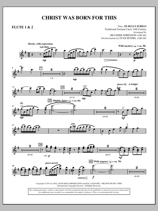 Learn to play Heather Sorenson Christ Was Born For This - Flute 1 & 2 sheet music for Choir Instrumental Pak in minutes. Price: 8.9900$ Heather Sorenson Christ Was Born For This - Flute 1 & 2 sheet music notes and chords arranged for Choir Instrumental Pak