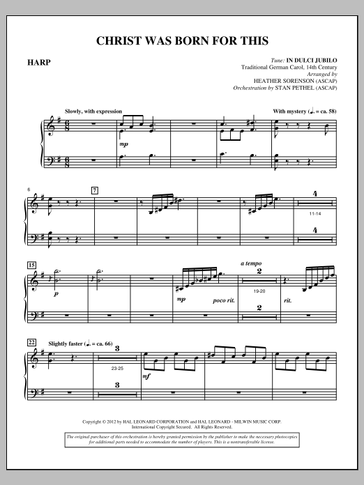 Learn to play Heather Sorenson Christ Was Born For This - Harp sheet music for Choir Instrumental Pak in minutes. Price: 8.9900$ Heather Sorenson Christ Was Born For This - Harp sheet music notes and chords arranged for Choir Instrumental Pak
