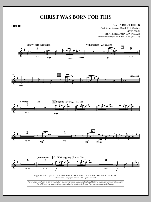 Learn to play Heather Sorenson Christ Was Born For This - Oboe sheet music for Choir Instrumental Pak in minutes. Price: 8.9900$ Heather Sorenson Christ Was Born For This - Oboe sheet music notes and chords arranged for Choir Instrumental Pak