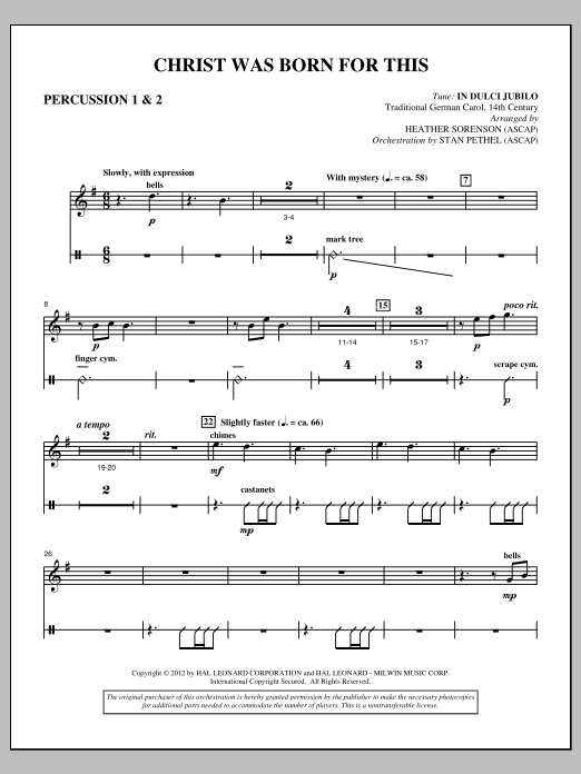 Learn to play Heather Sorenson Christ Was Born For This - Percussion 1 & 2 sheet music for Choir Instrumental Pak in minutes. Price: 8.9900$ Heather Sorenson Christ Was Born For This - Percussion 1 & 2 sheet music notes and chords arranged for Choir Instrumental Pak