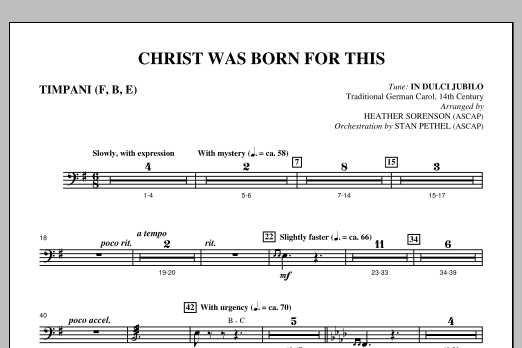 Learn to play Heather Sorenson Christ Was Born For This - Timpani sheet music for Choir Instrumental Pak in minutes. Price: 8.9900$ Heather Sorenson Christ Was Born For This - Timpani sheet music notes and chords arranged for Choir Instrumental Pak