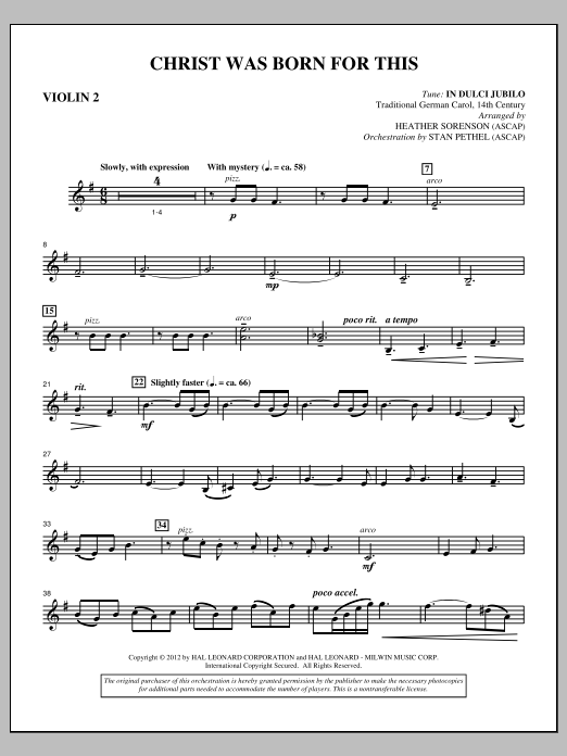 Learn to play Heather Sorenson Christ Was Born For This - Violin 2 sheet music for Choir Instrumental Pak in minutes. Price: 8.9900$ Heather Sorenson Christ Was Born For This - Violin 2 sheet music notes and chords arranged for Choir Instrumental Pak