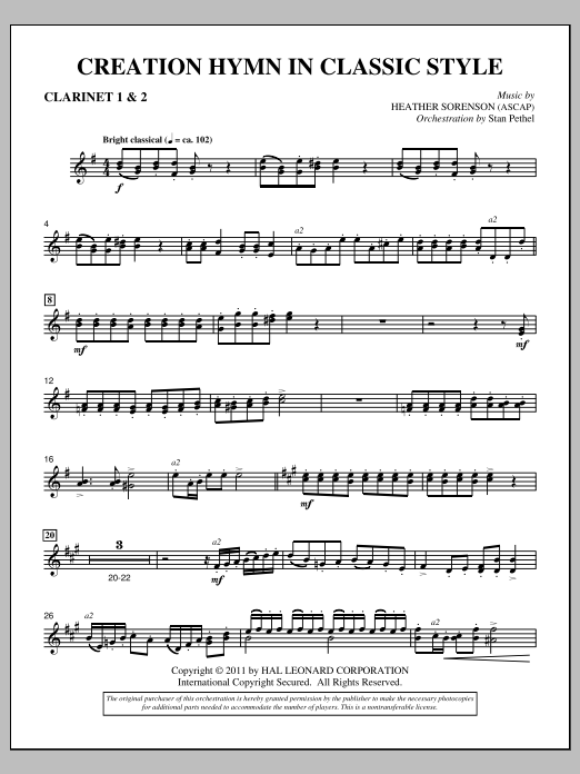 Learn to play Heather Sorenson Creation Hymn In Classic Style - Bb Clarinet 1,2 sheet music for Choir Instrumental Pak in minutes. Price: 8.9900$ Heather Sorenson Creation Hymn In Classic Style - Bb Clarinet 1,2 sheet music notes and chords arranged for Choir Instrumental Pak