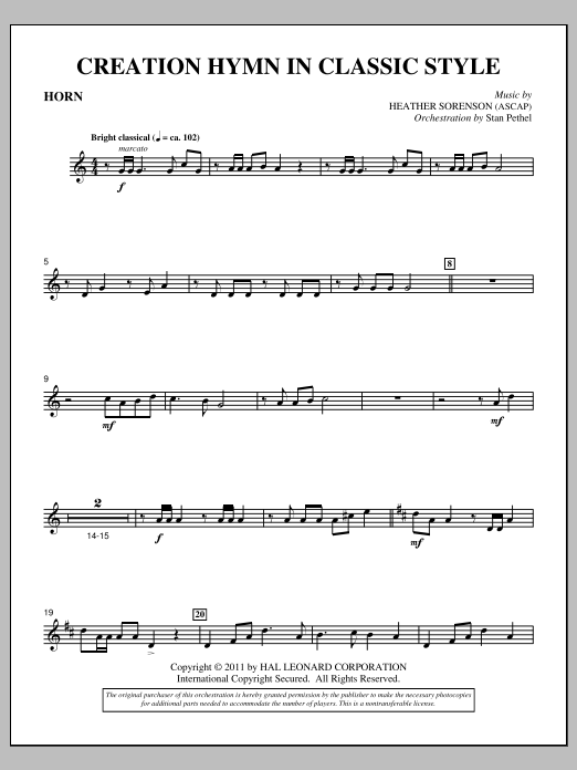 Learn to play Heather Sorenson Creation Hymn In Classic Style - F Horn sheet music for Choir Instrumental Pak in minutes. Price: 8.9900$ Heather Sorenson Creation Hymn In Classic Style - F Horn sheet music notes and chords arranged for Choir Instrumental Pak