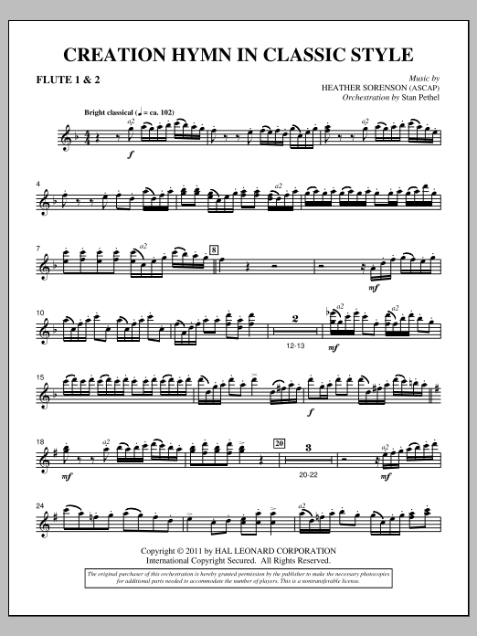Learn to play Heather Sorenson Creation Hymn In Classic Style - Flute 1 & 2 sheet music for Choir Instrumental Pak in minutes. Price: 8.9900$ Heather Sorenson Creation Hymn In Classic Style - Flute 1 & 2 sheet music notes and chords arranged for Choir Instrumental Pak