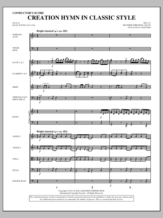 Learn to play Heather Sorenson Creation Hymn In Classic Style - Score sheet music for Choir Instrumental Pak in minutes. Price: 8.9900$ Heather Sorenson Creation Hymn In Classic Style - Score sheet music notes and chords arranged for Choir Instrumental Pak