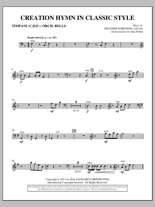 Learn to play Heather Sorenson Creation Hymn In Classic Style - Timpani & Bells sheet music for Choir Instrumental Pak in minutes. Price: 8.9900$ Heather Sorenson Creation Hymn In Classic Style - Timpani & Bells sheet music notes and chords arranged for Choir Instrumental Pak